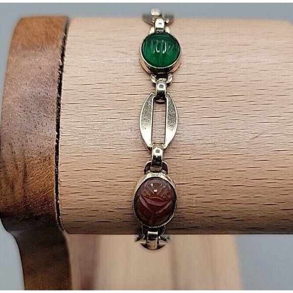 W. E. Richards Co. Jewelry - 14k W. E. Richards Co. Symmetalic Sterling & Scarab Bracelet 6" Gemstones 1940s